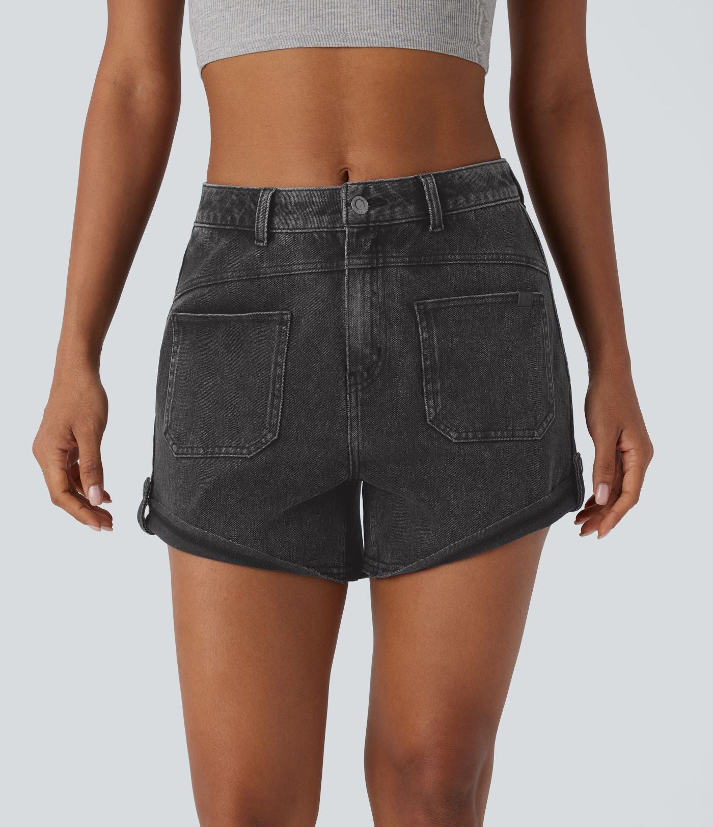 Short décontracté en jean extensible délavé Halara Flex™ taille moyenne avec revers et poches avant