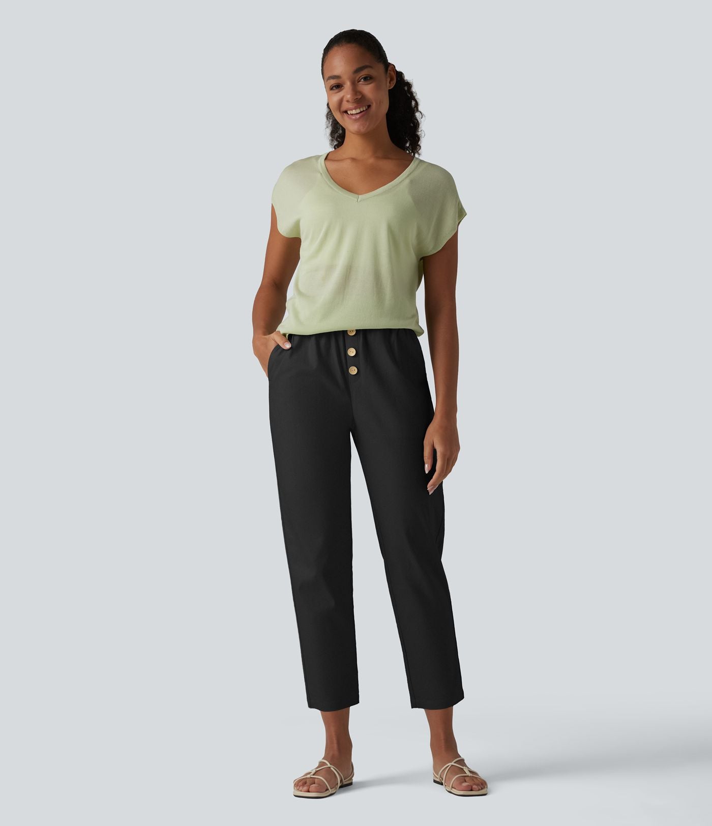 Pantalon casual en coton et lin coupe fuselée taille haute avec poches