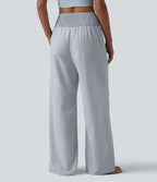 Pantalon large taille haute en tissu froissé froncé séchage rapide avec poches