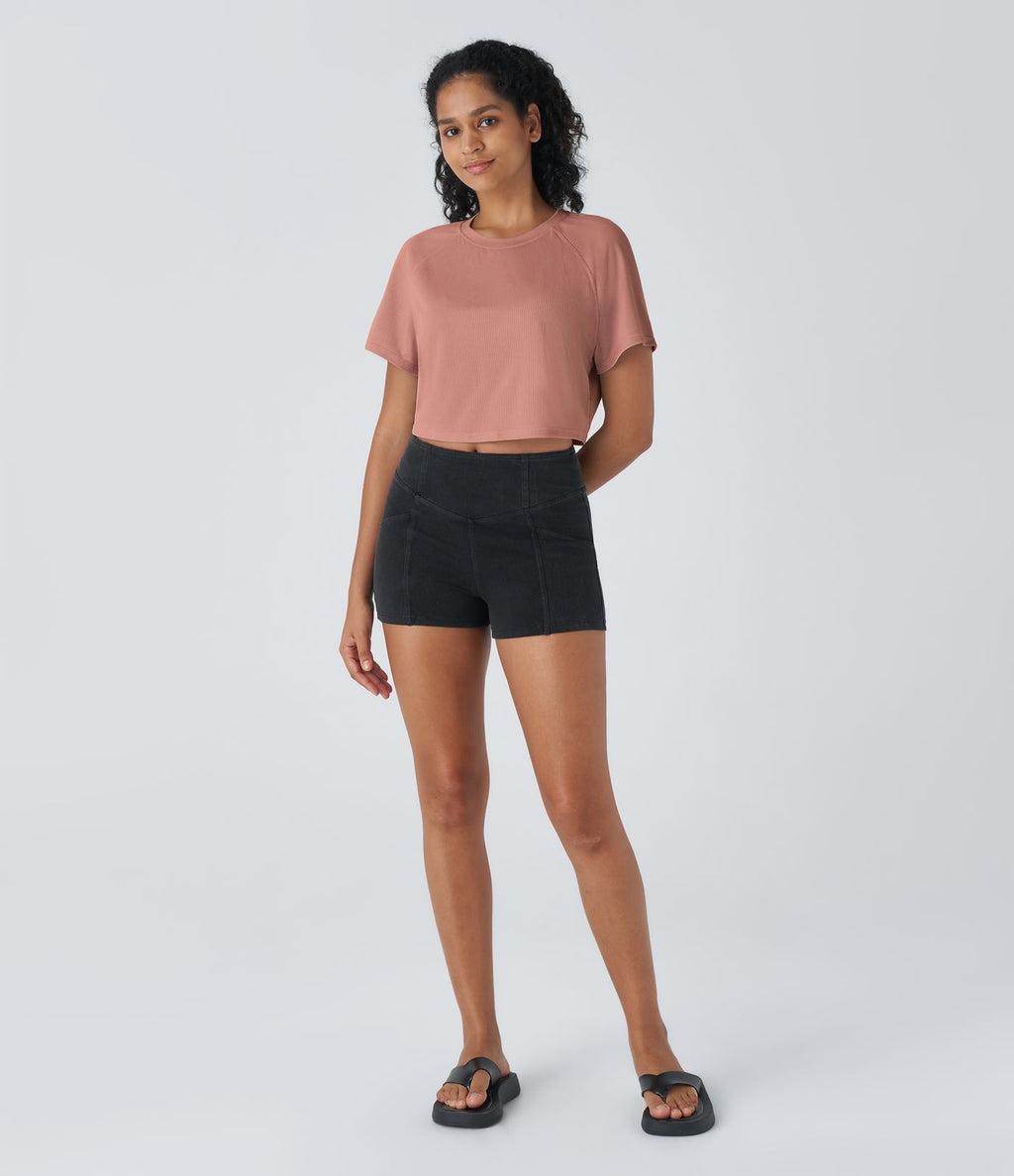 T-shirt Casual Court Tissu Gaufré Uni à Manches Raglan