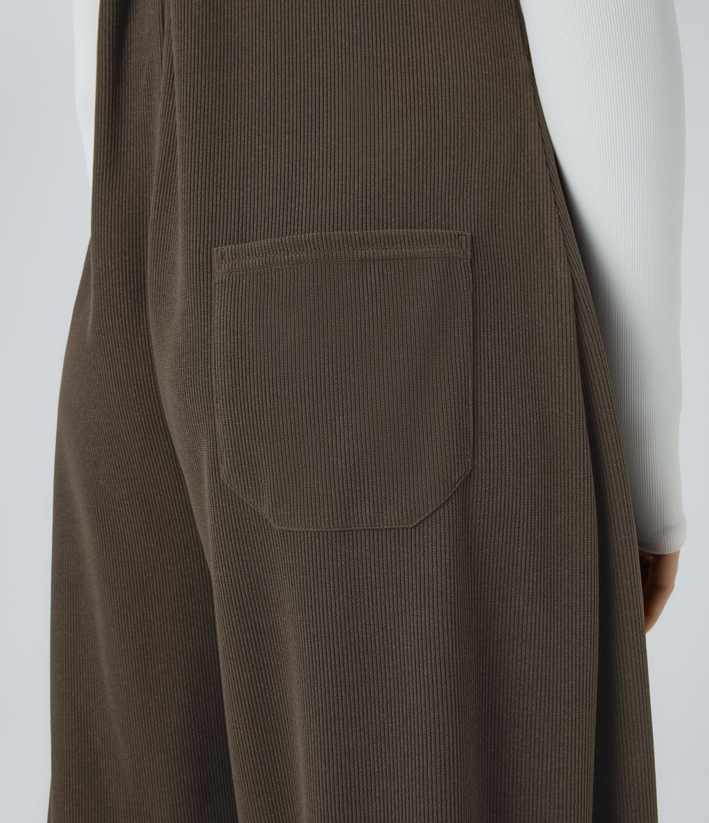 Salopette Casual à Bretelles Ajustables en Tricot Côtelé avec Multiples Poches Plissée