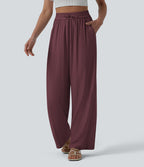 Pantalon casual large fluide mélange lin taille haute avec cordon de serrage et poches