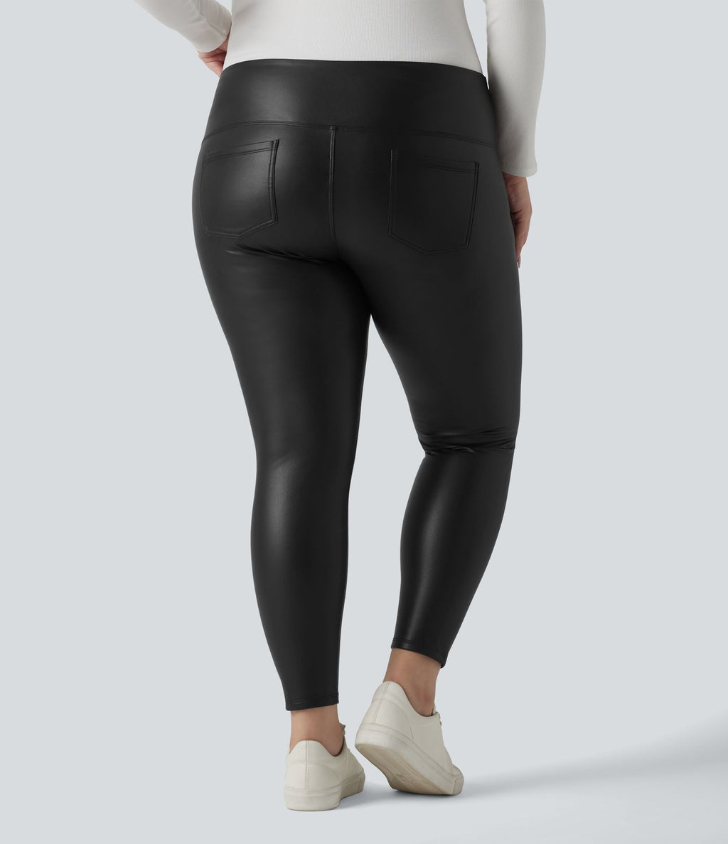 Leggings 7/8 grande taille en simili extensible effet ventre plat, taille haute, intérieur polaire, avec poches