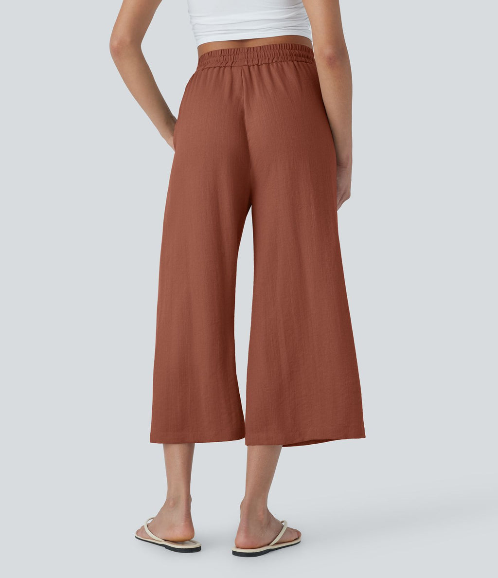 Pantalon décontracté aspect lin 7/8 à taille haute, jambe large avec cordon de serrage et poches latérales