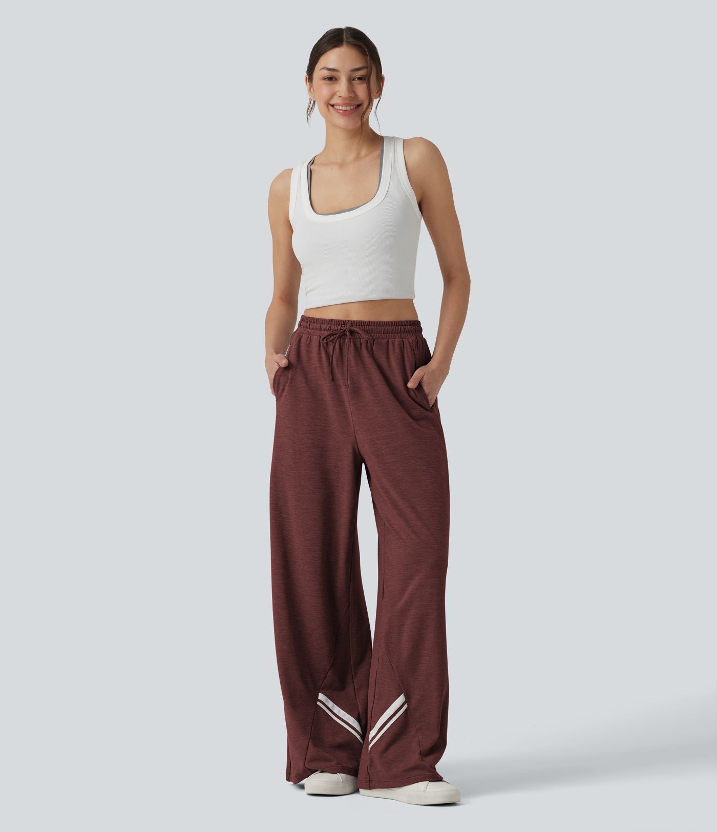 Pantalon large décontracté color block taille haute avec cordon de serrage et poches