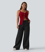 Pantalon large décontracté rayé taille haute avec cordon de serrage avec poches