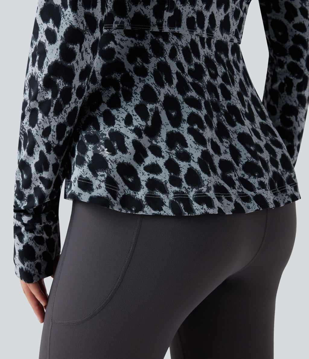 Veste décontractée Halara UltraSculpt™ imprimé léopard col montant manches longues avec trous pour pouces et poches
