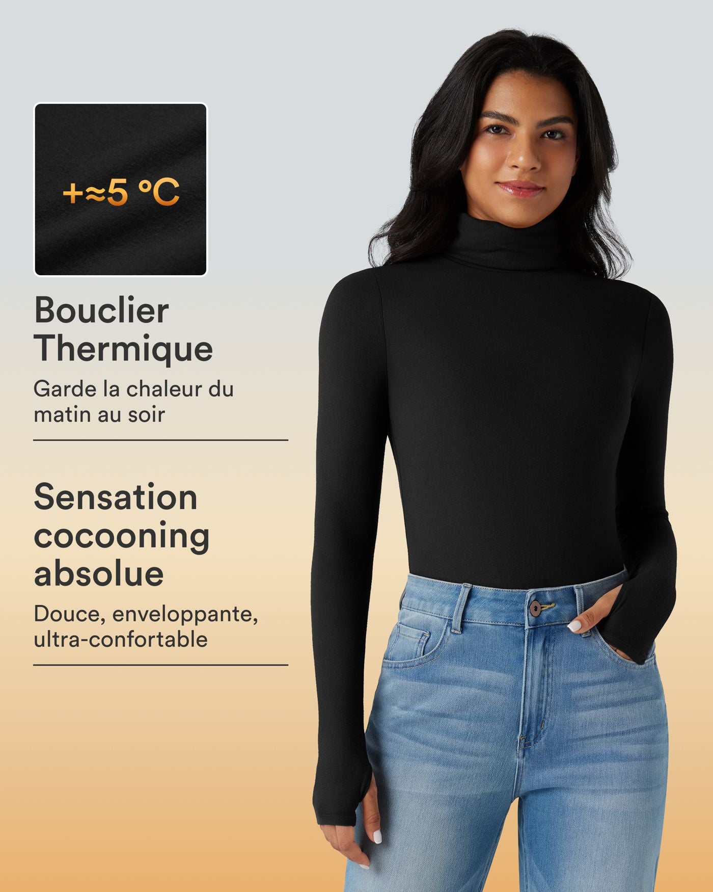 Top réchauffant col roulé manches longues avec trous pouces