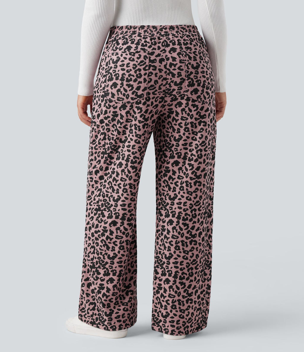 Pantalon léopard ample décontracté velours côtelé imprimé taille haute avec poches