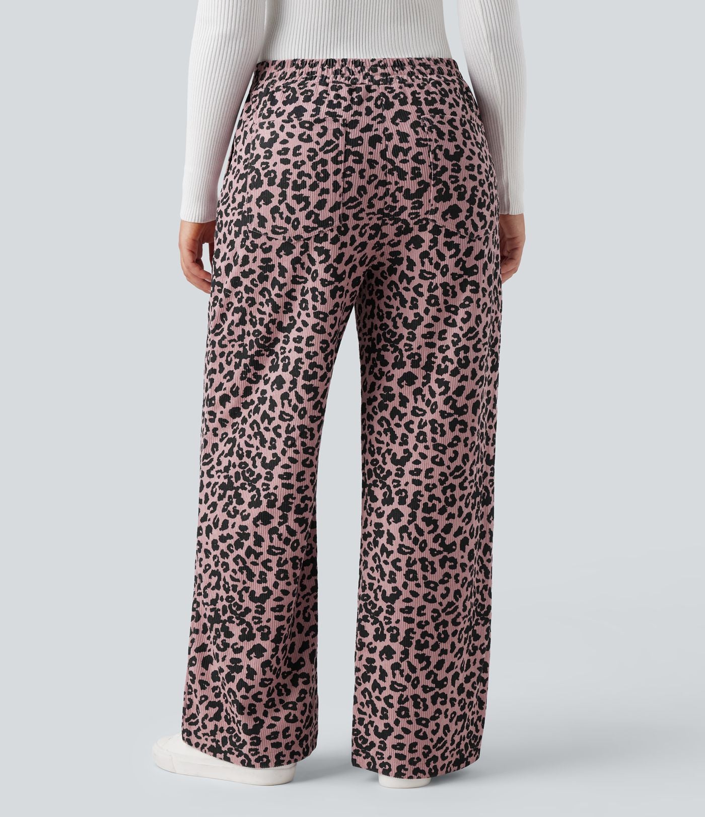 Pantalon léopard ample décontracté velours côtelé imprimé taille haute avec poches
