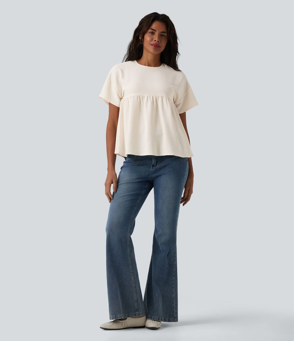 T-shirt décontracté col rond manches courtes ourlet à volants aspect lin