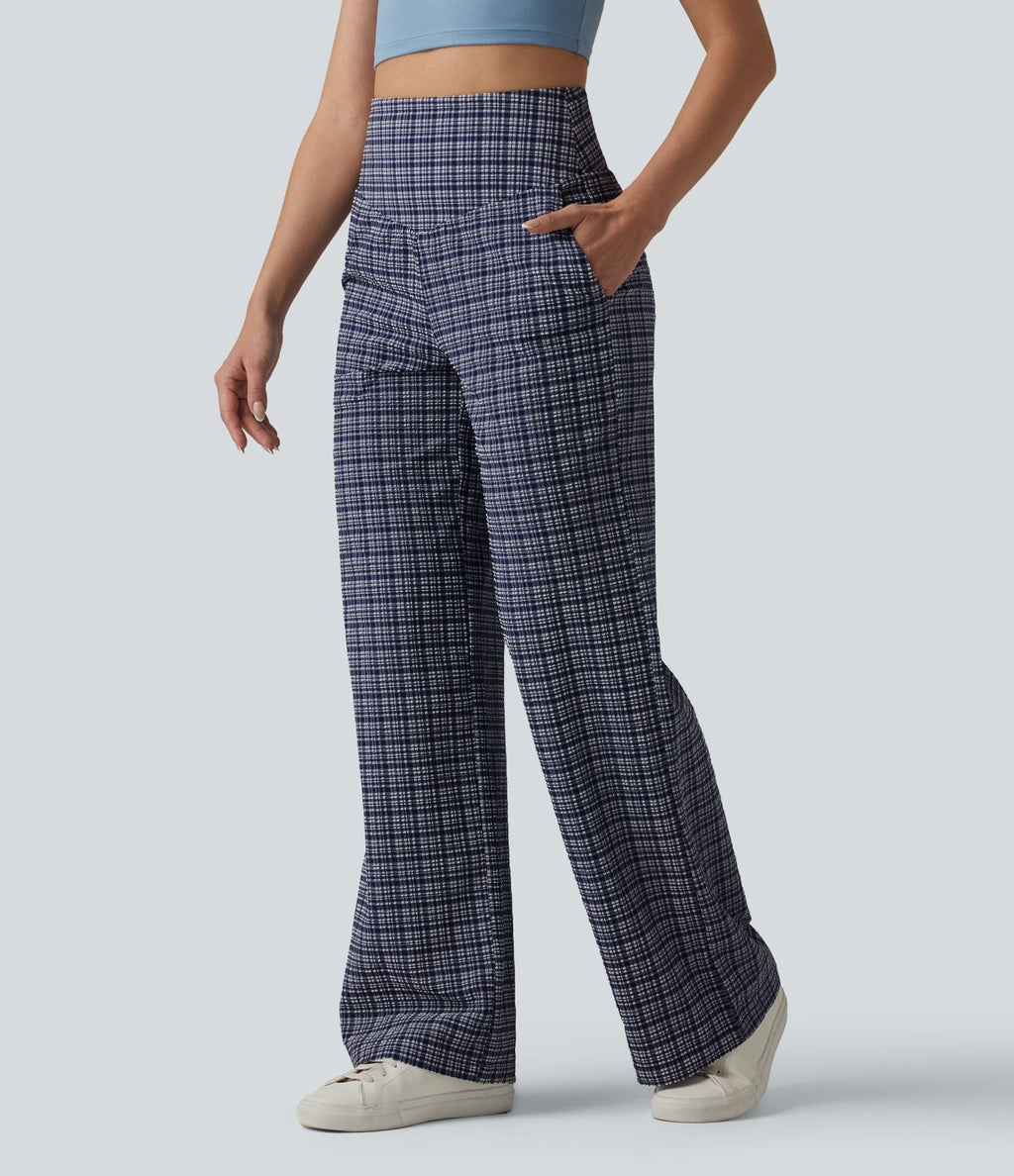 Pantalon large taille haute ventre plat à carreaux en tissu froissé séchage rapide avec poches