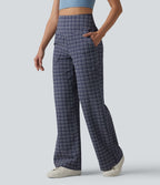 Pantalon large taille haute ventre plat à carreaux en tissu froissé séchage rapide avec poches
