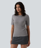 Pull tailleur ajusté col rond manches courtes mélange soie-laine