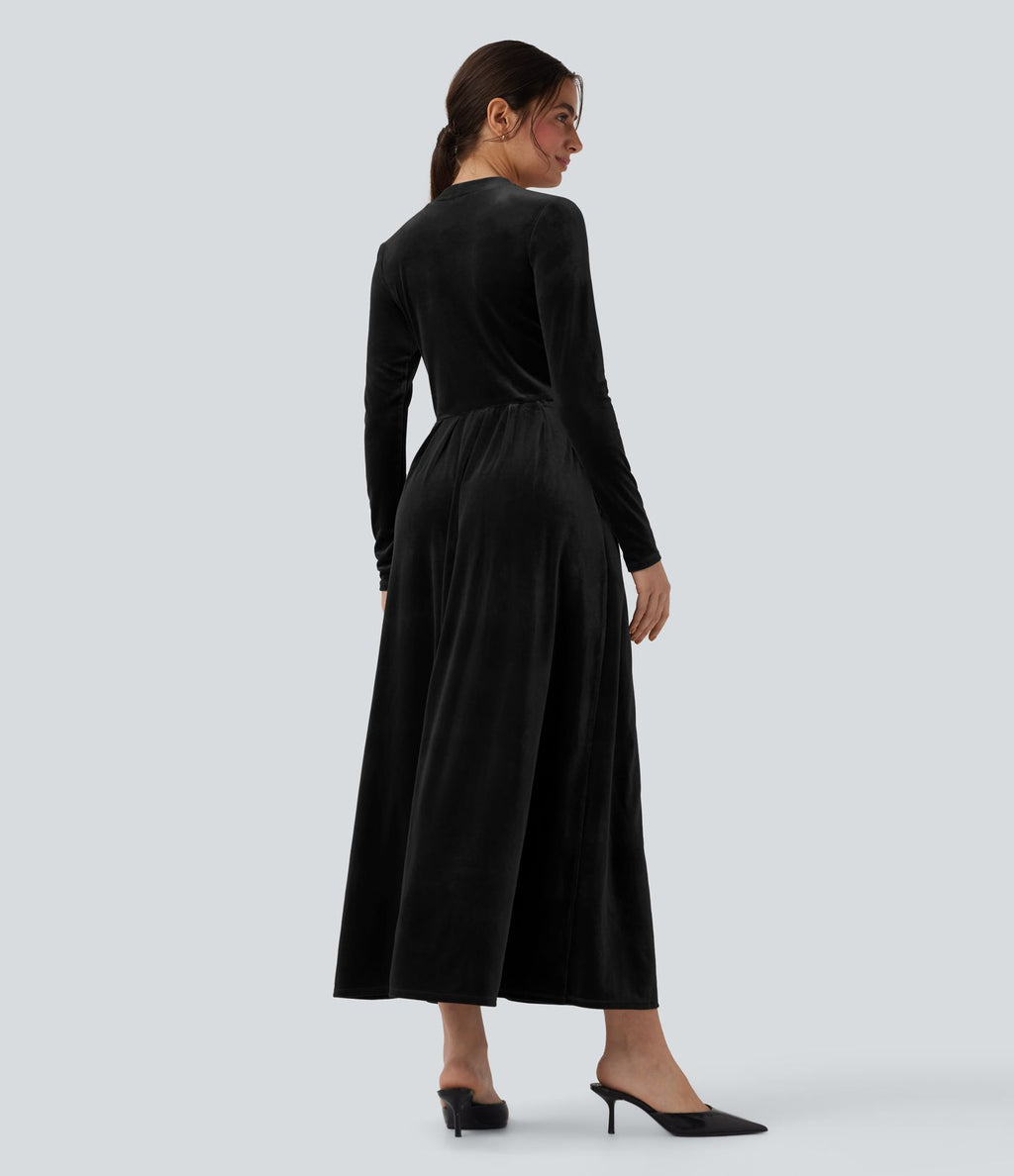 Robe longue en velours col montant manches longues avec poches