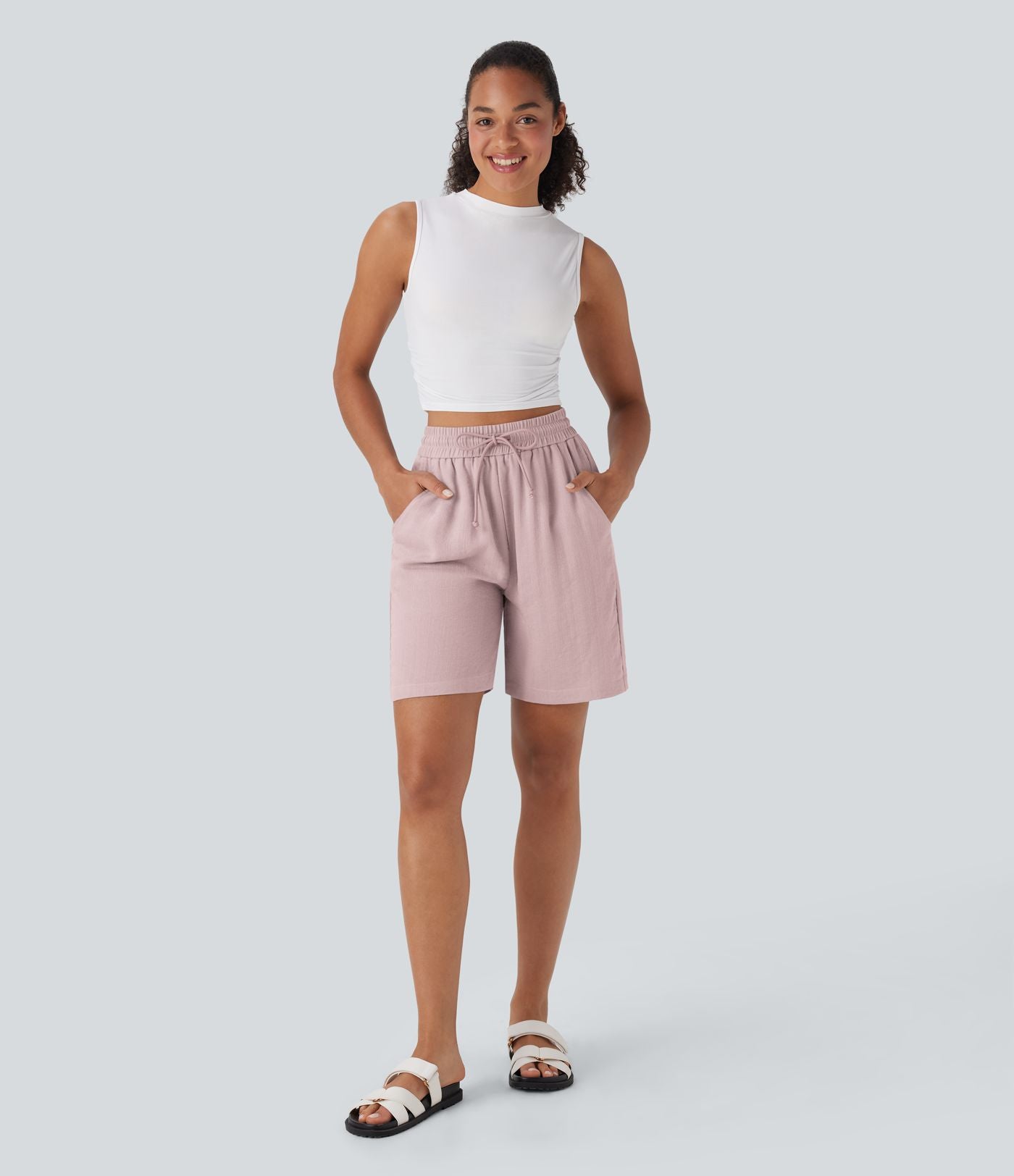 Short décontracté effet lin taille haute avec cordon de serrage et poches latérales