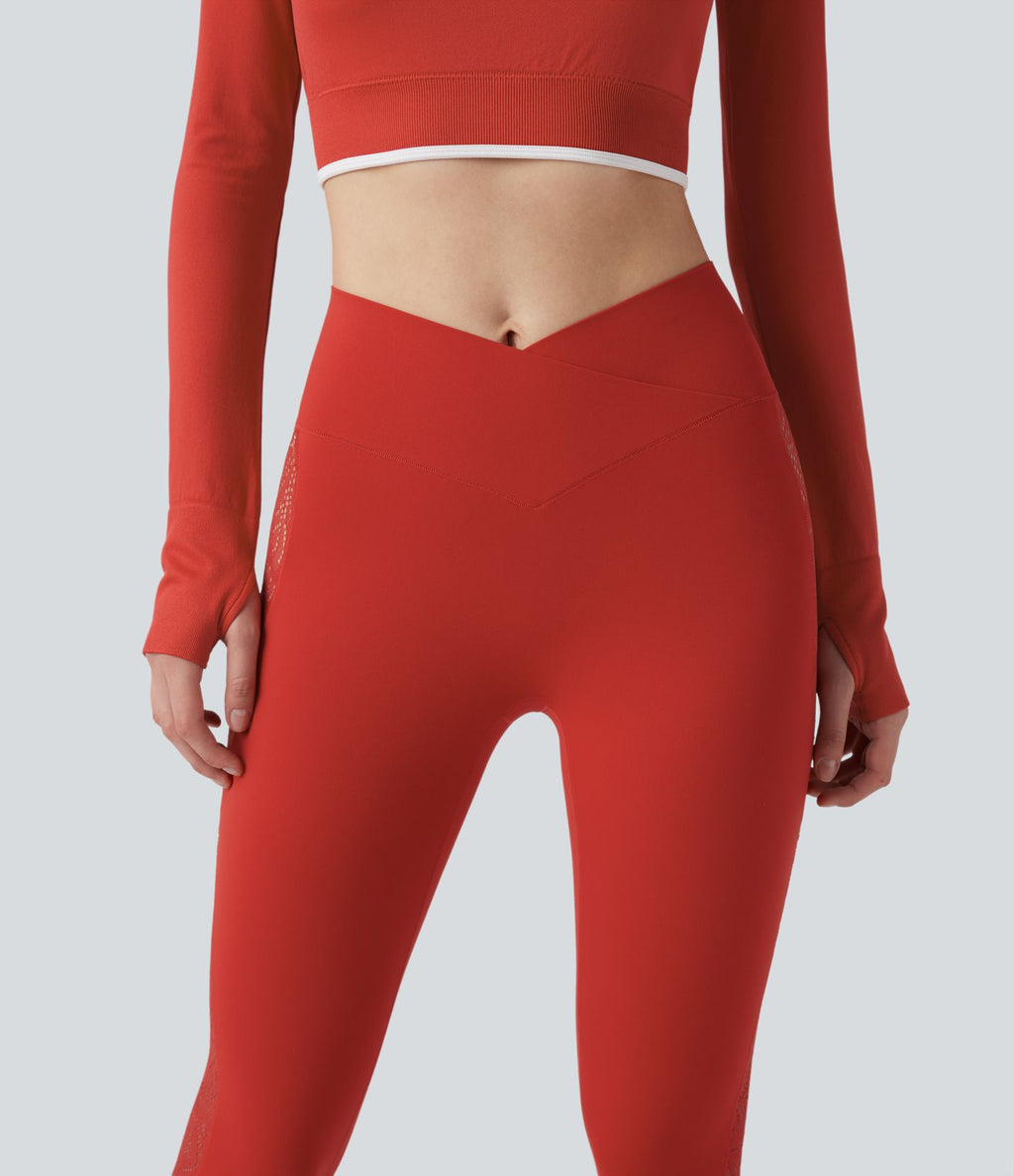 Softlyzero™ Legging Yoga 7/8 Taille Haute avec Poche au Dos Découpe Croisée et Dentelle Contrastante