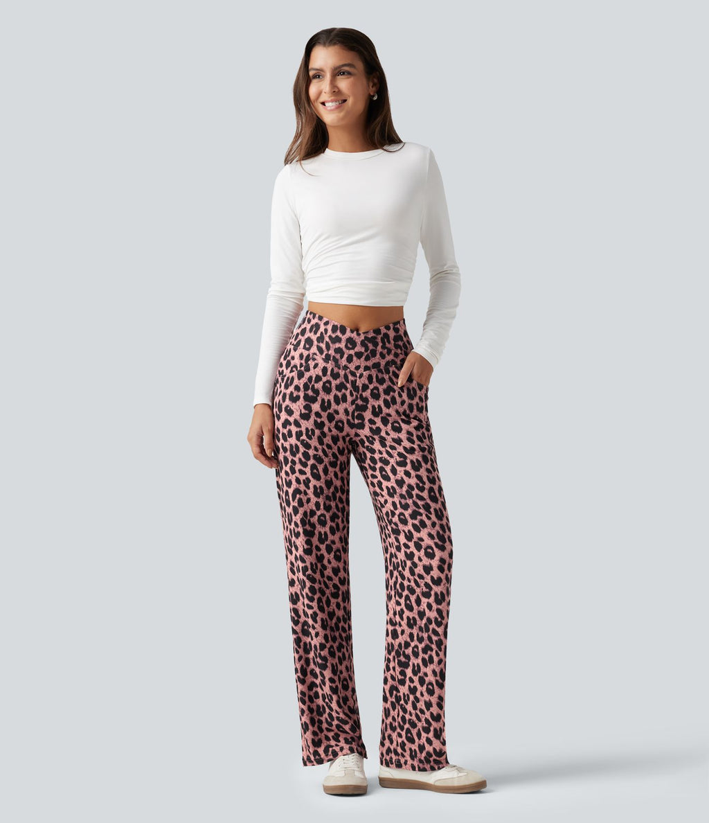 Pantalon large décontracté taille haute croisé imprimé léopard en tissu gaufré avec poches
