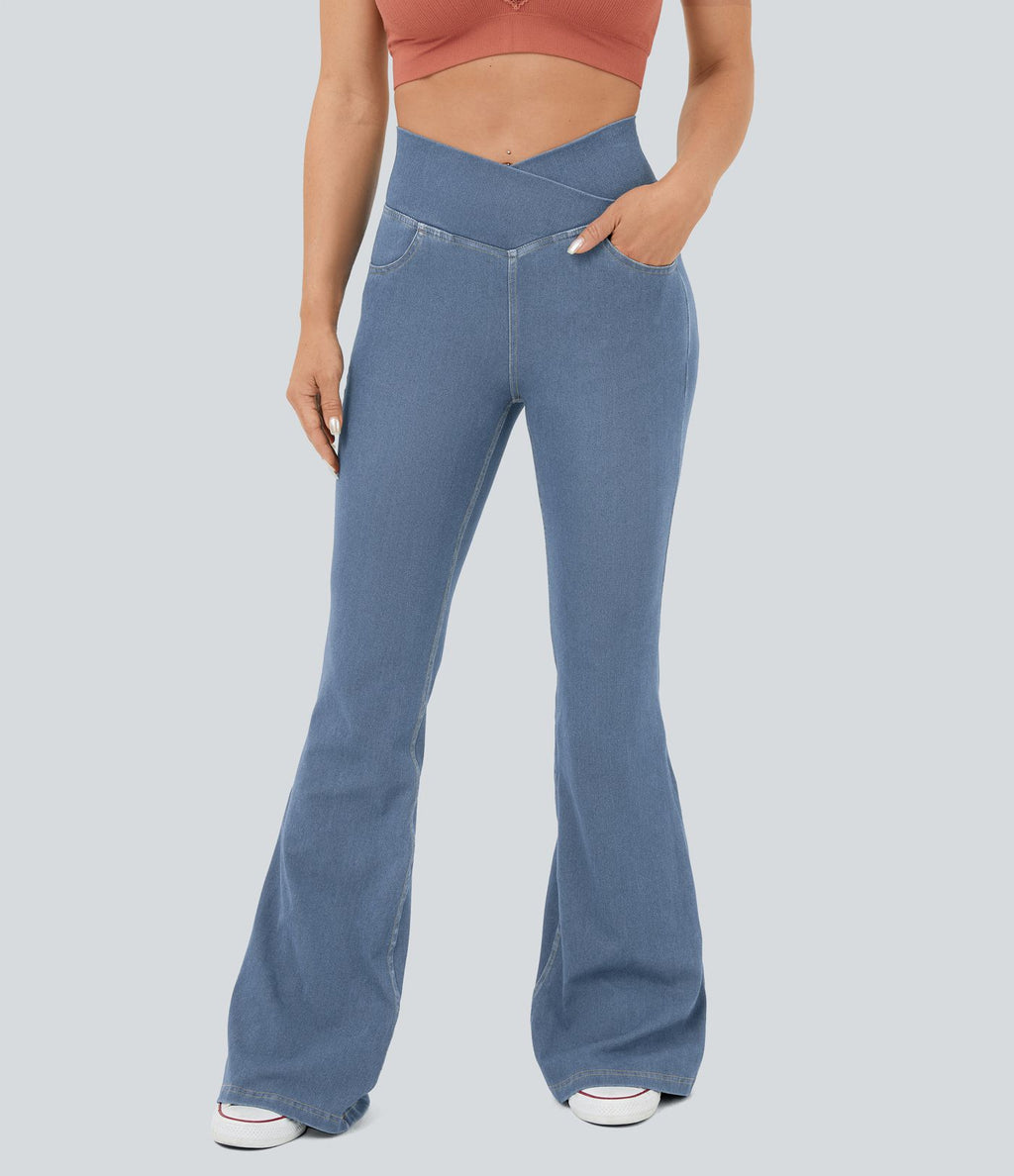 Jean super évasé Halara Flex™ décontracté maille denim extensible délavée effet frais InstantCool taille haute poches croisées