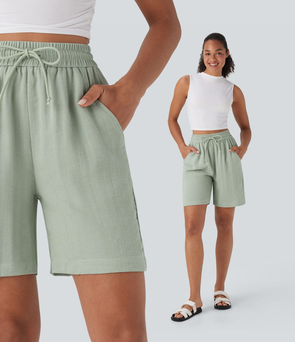 Short décontracté effet lin taille haute avec cordon de serrage et poches latérales