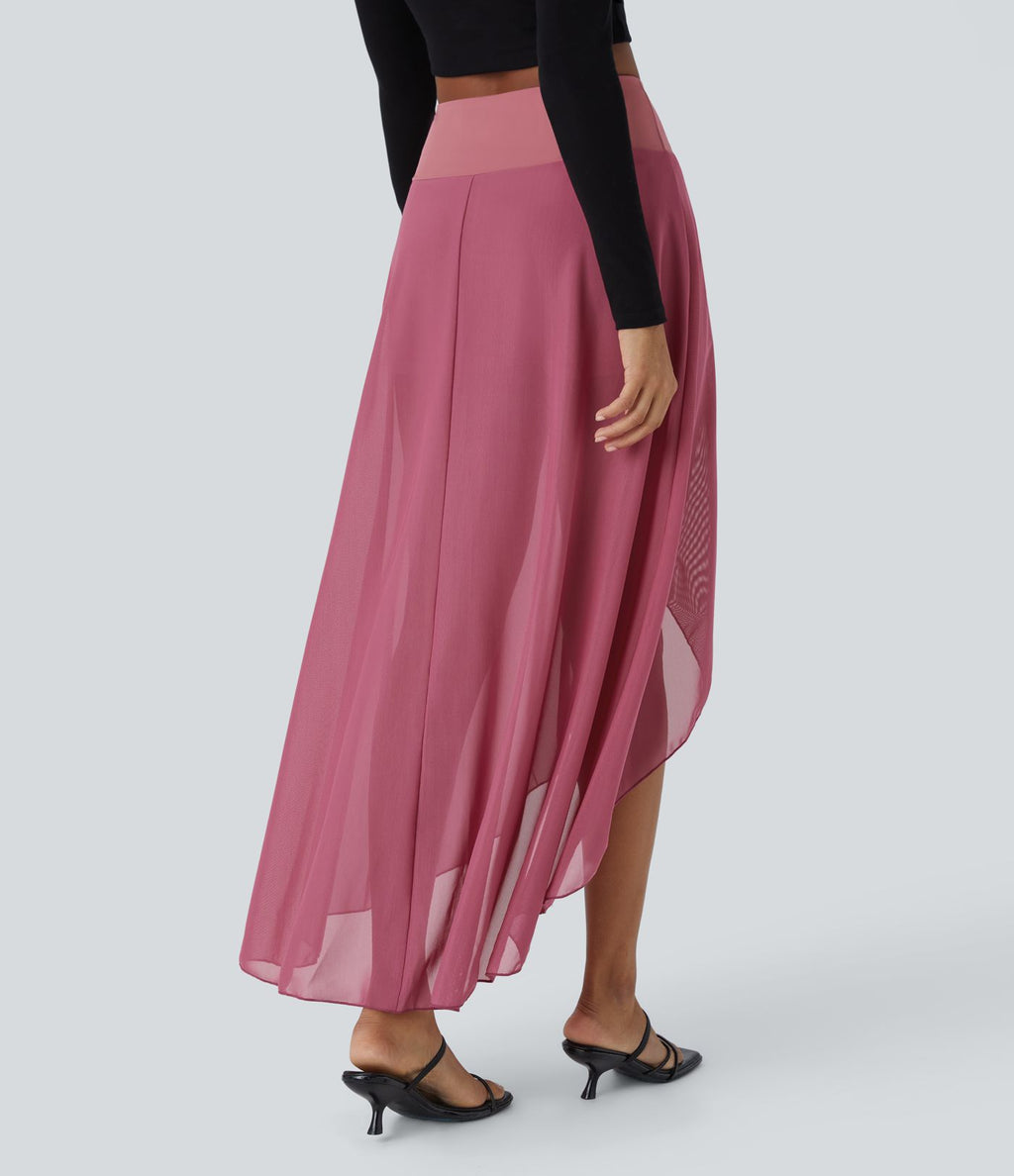 Jupe Longue Fluide Taille Haute à Volants 2 en 1 Poche Latérale Évasée en Mesh Casual Quotidien