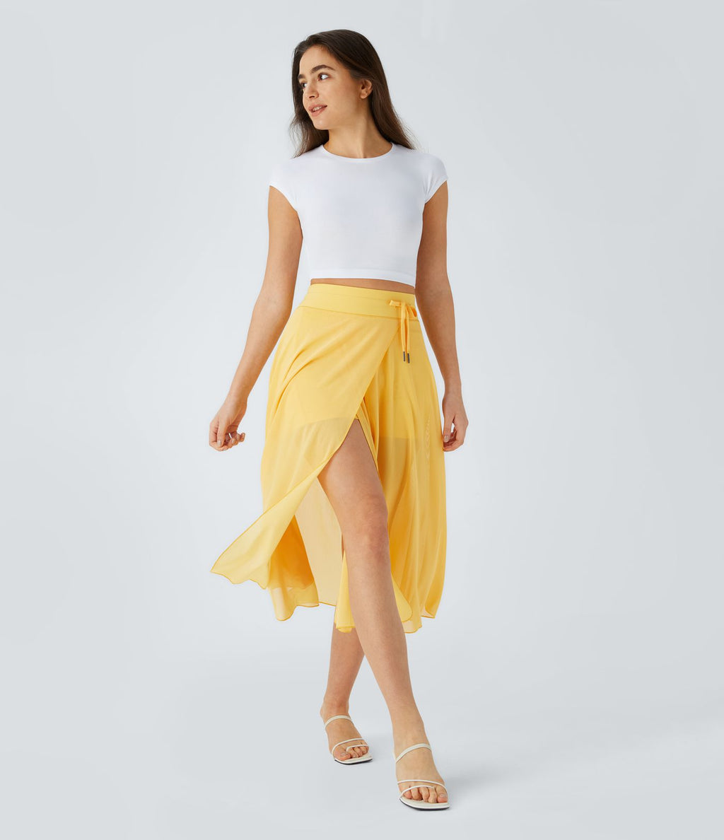 Jupe Casual Évasée Mesh Mi-Longue Fuide 2 en 1 Contrastée Taille Haute Cordon Poche Latérale