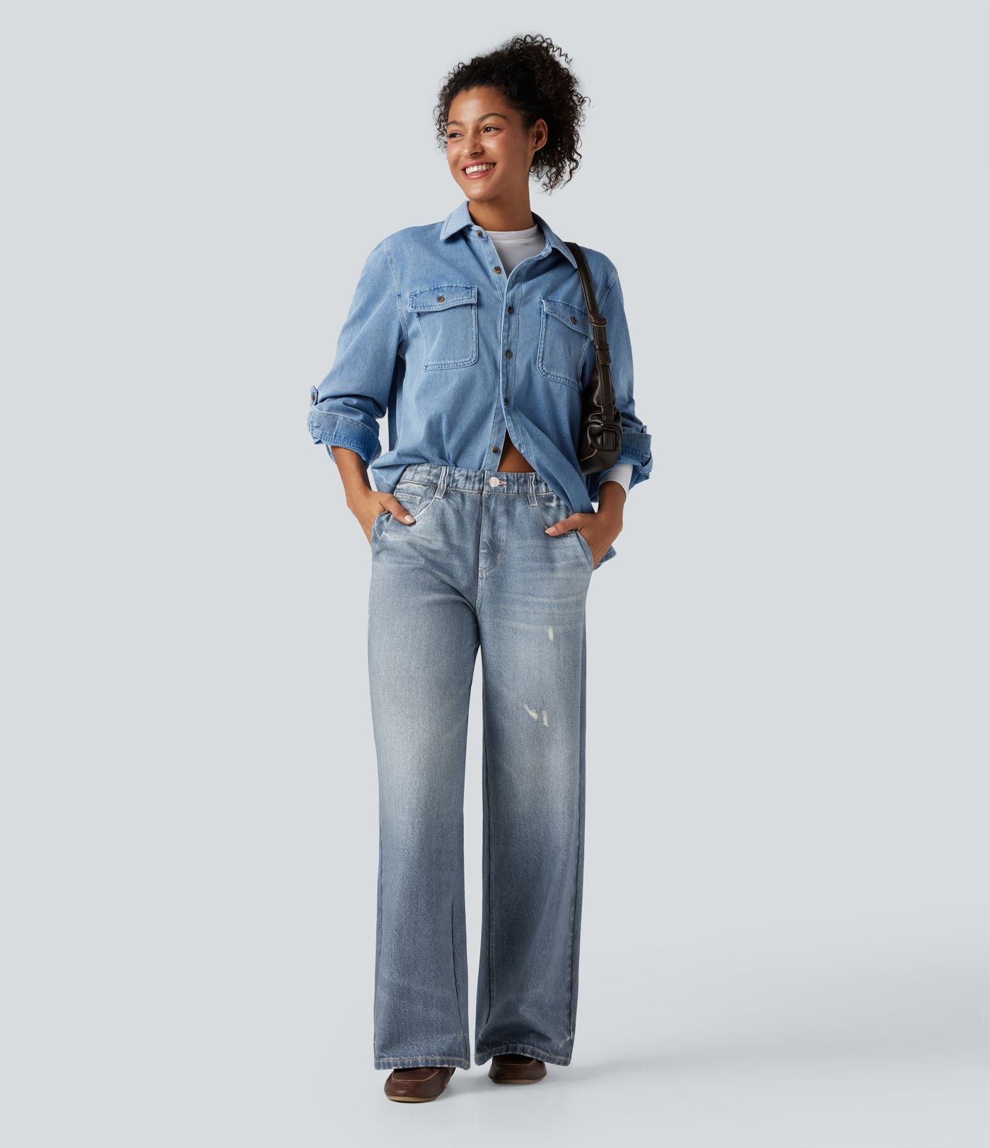 Jogging jean décontracté en molleton French Terry imprimé denim taille mi-haute avec poches