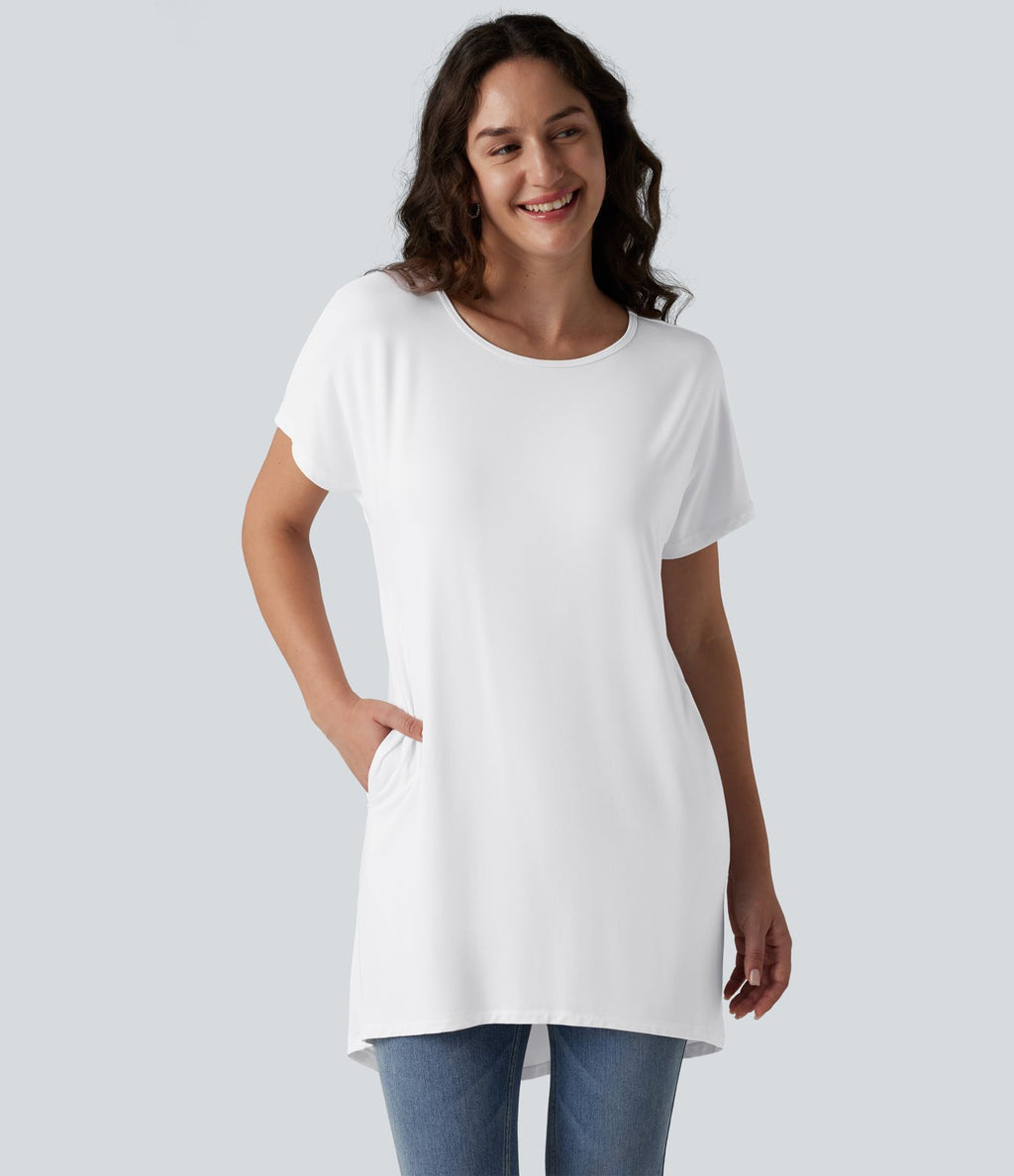 T-shirt décontracté à manches courtes et col bateau, coupe asymétrique, avec poches