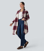 Veste décontractée longue à motif écossais avec ourlet arrondi et poches