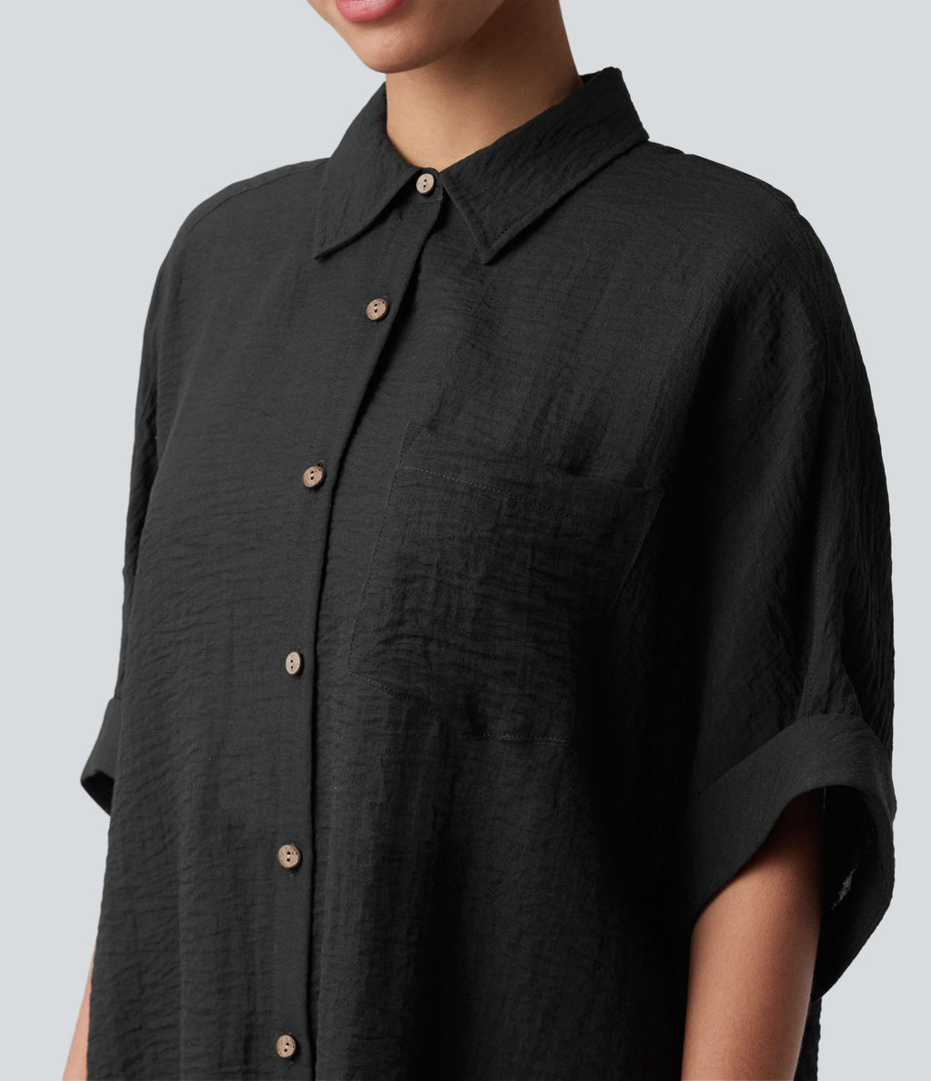 Chemise décontractée effet lin à manches mi-longues avec poche