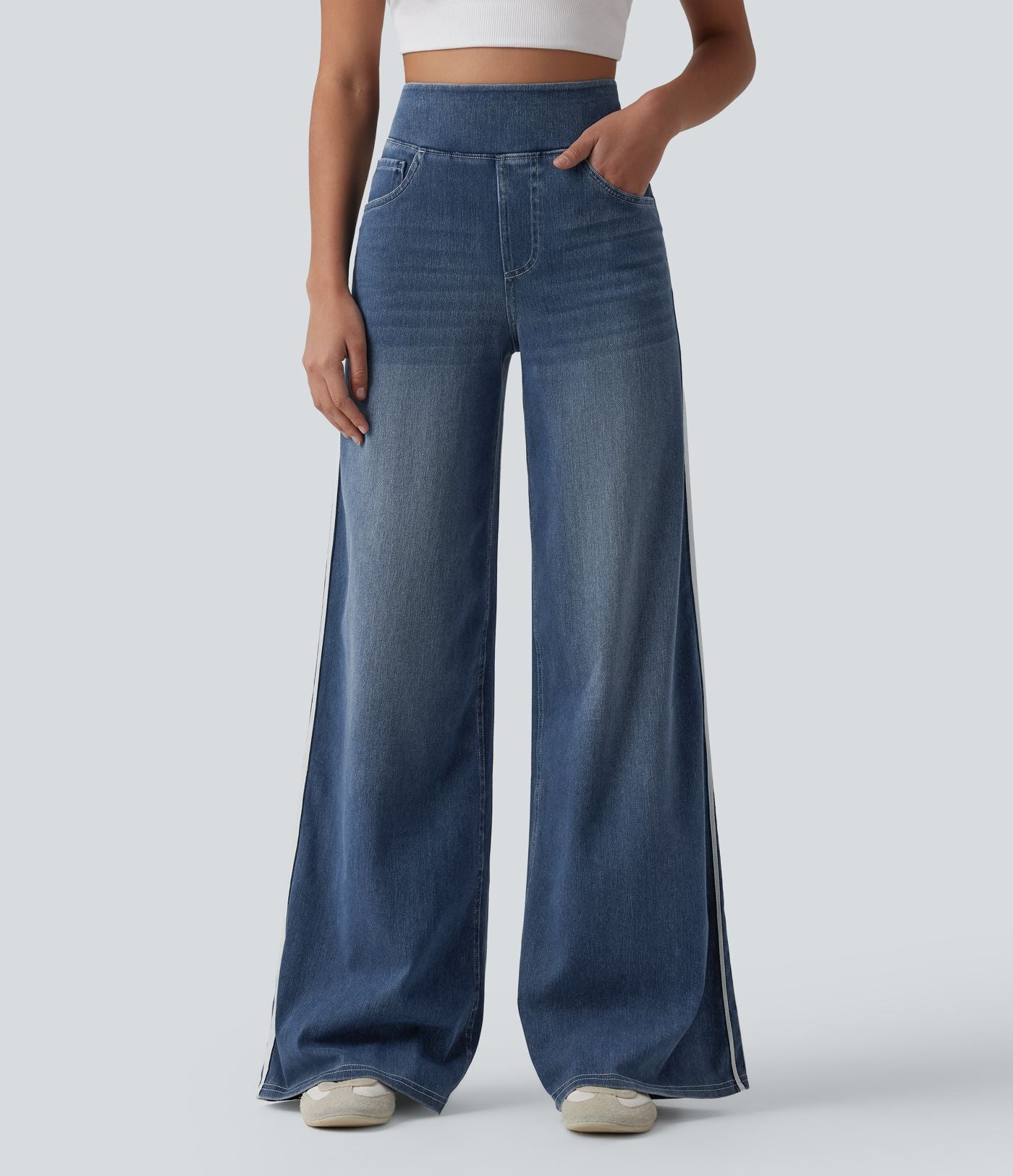 Halara Flex™ Jean large fluide délavé taille haute à rayures avec poches
