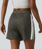 Short ample décontracté à taille mi-haute, cordon de serrage, rayures color block, imprimé léopard contrastant, 12,5 cm, avec poches