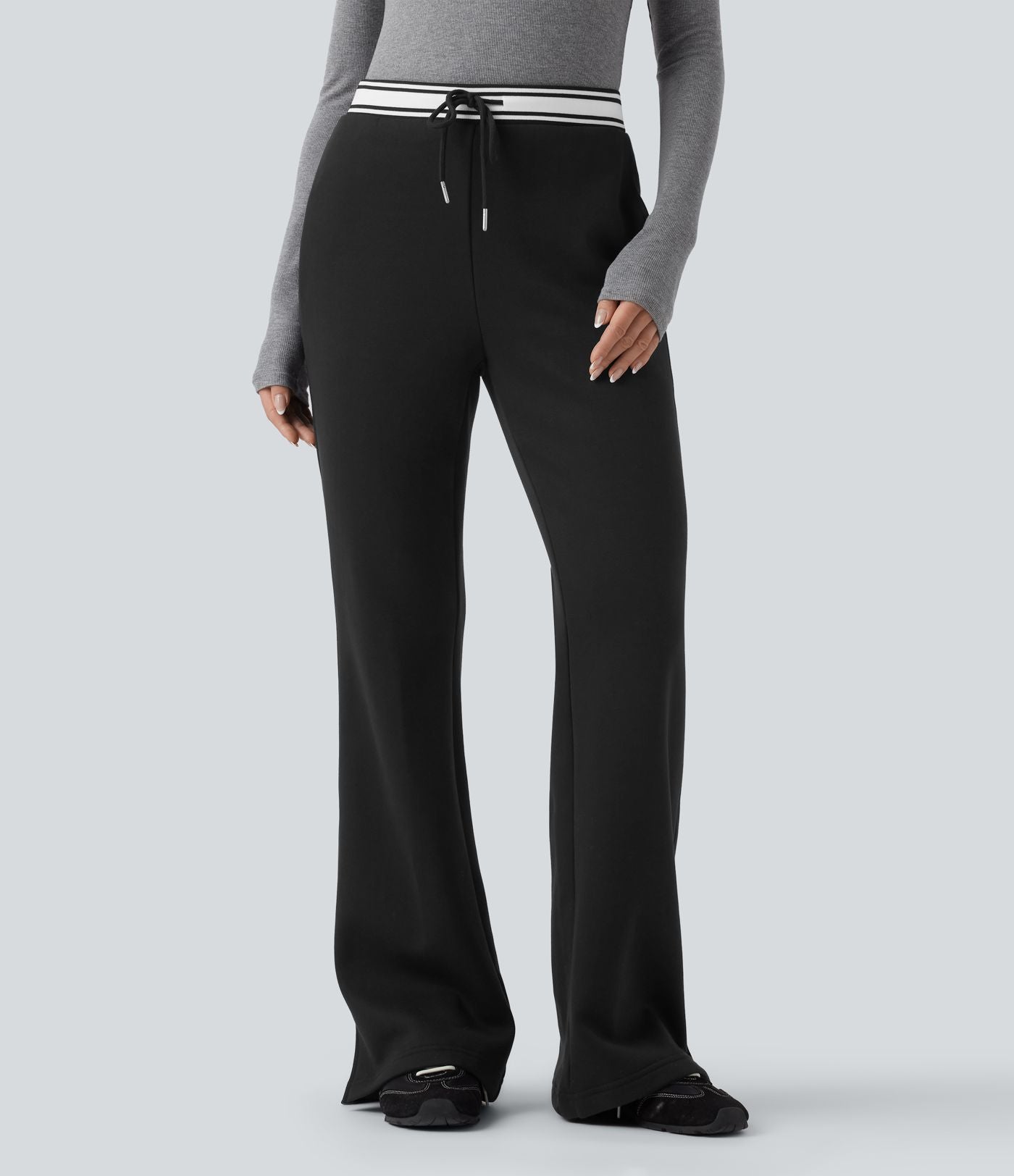 Pantalon jogging évasé molleton coton taille haute avec cordon de serrage, poches, empiècements contrastés et ourlet fend