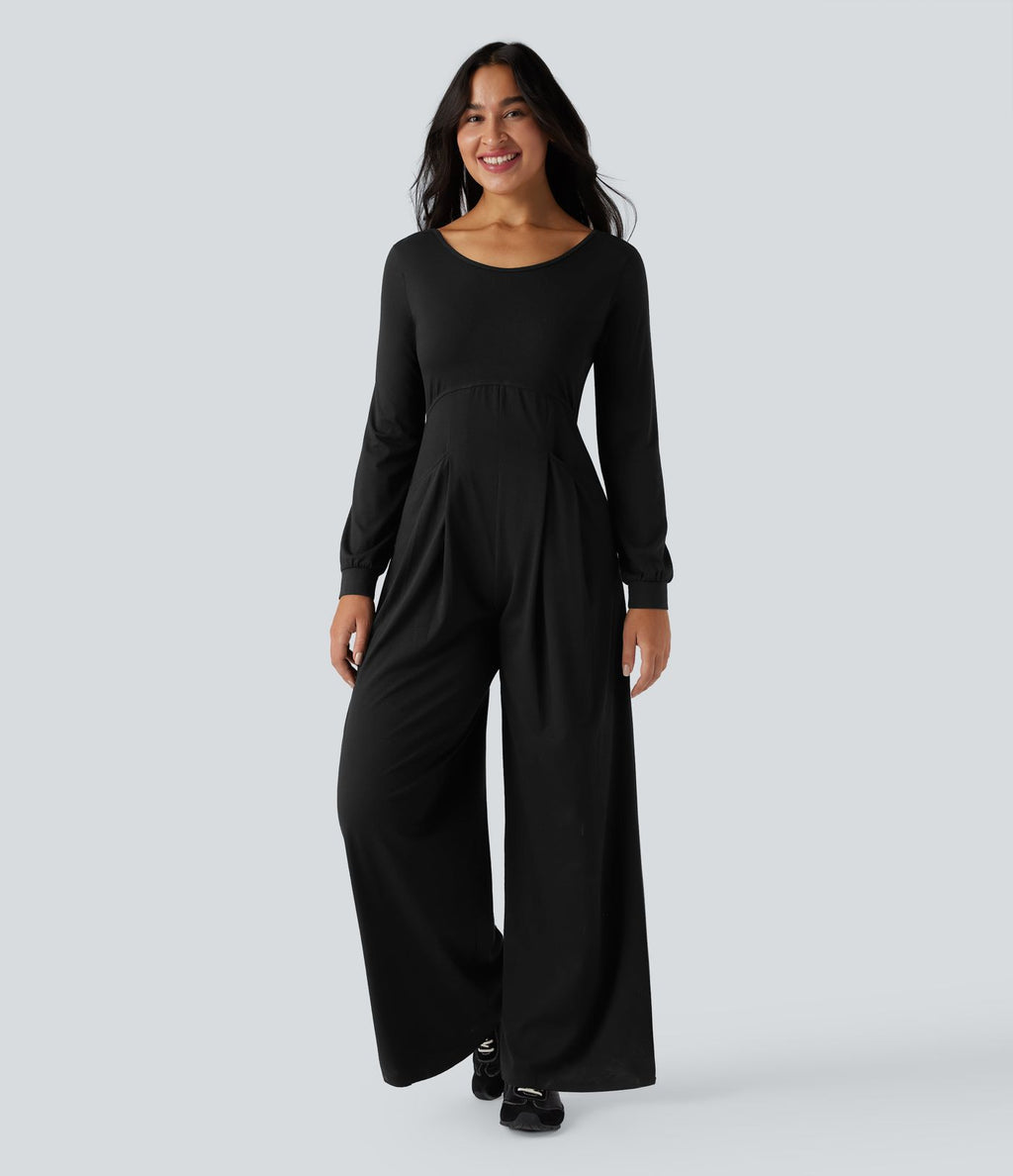 Combinaison-pantalon ample décontractée dos nu col rond à manches longues avec poches