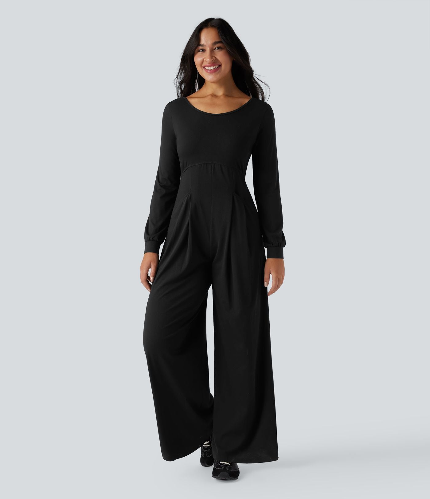 Combinaison-pantalon ample décontractée dos nu col rond à manches longues avec poches