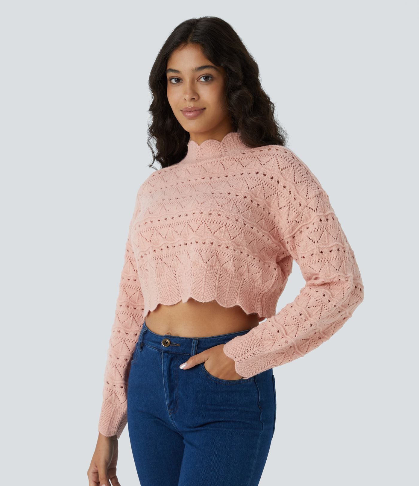 Pull décontracté à col montant, manches évêque, ourlet festonné et maille ajourée
