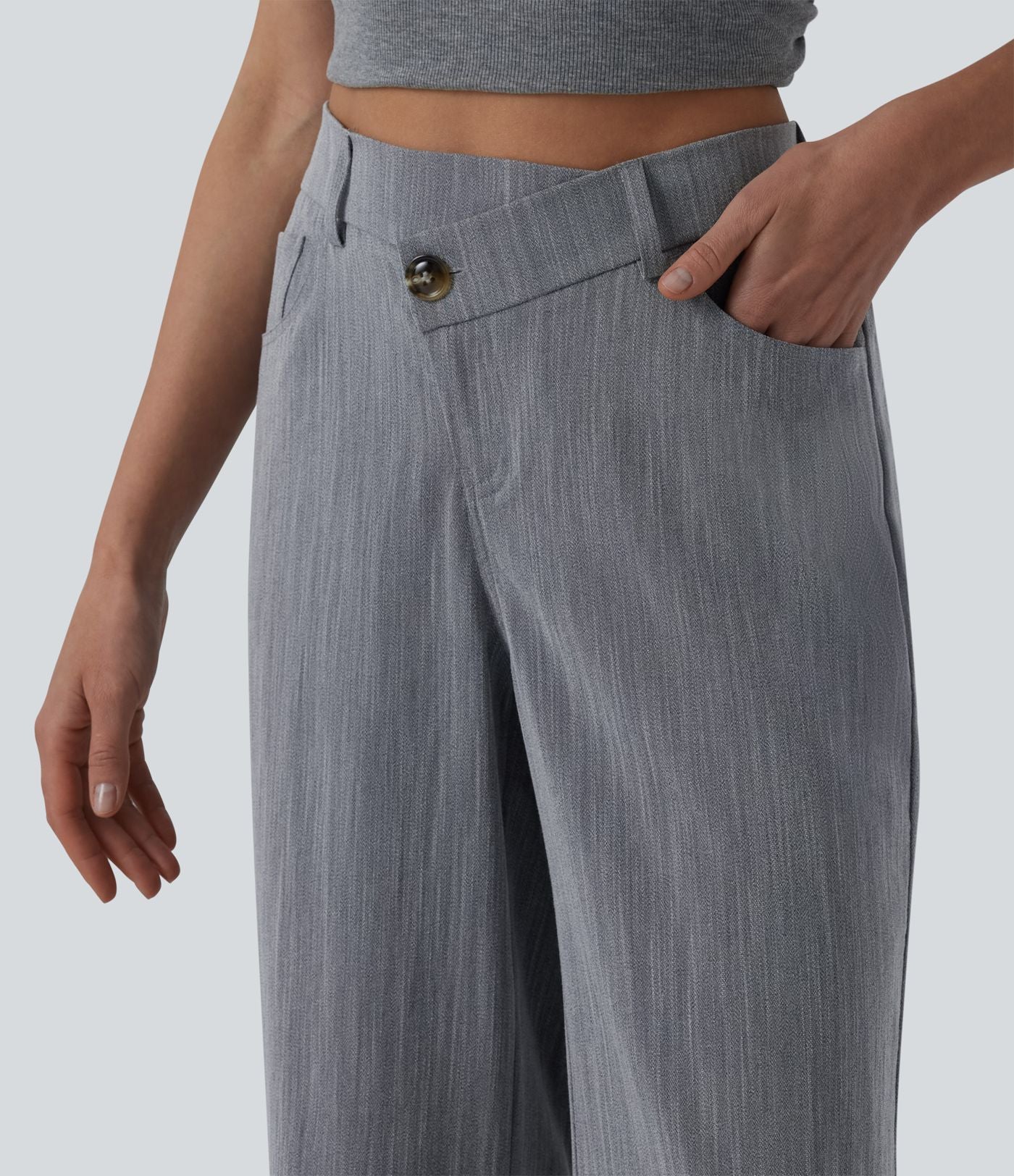 Pantalon large casual taille haute croisée aspect lin avec poches