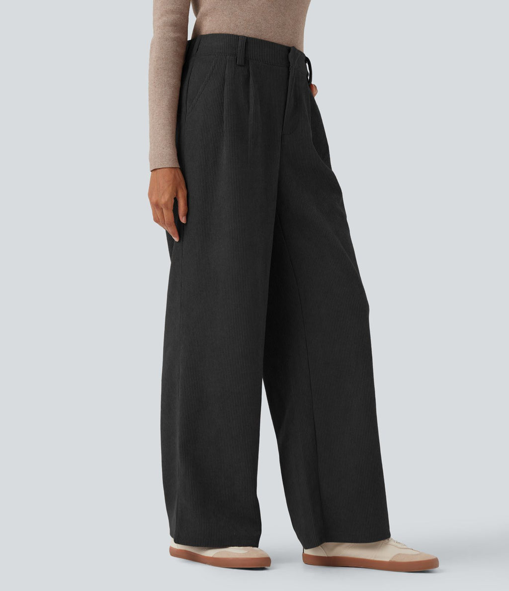 Pantalon ample décontracté velours côtelé taille haute avec poches