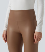 Pantalon 7/8 moulant décontracté polaire gainant taille haute extensible effet cuir avec poches