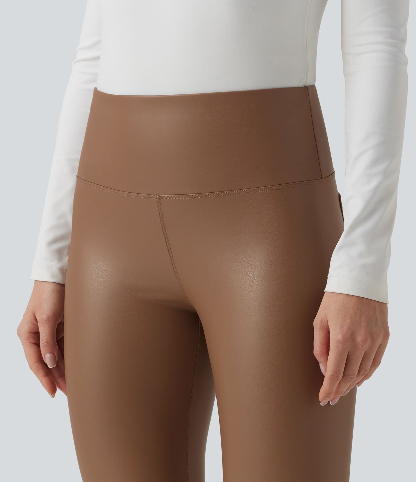 Pantalon 7/8 moulant décontracté polaire gainant taille haute extensible effet cuir avec poches