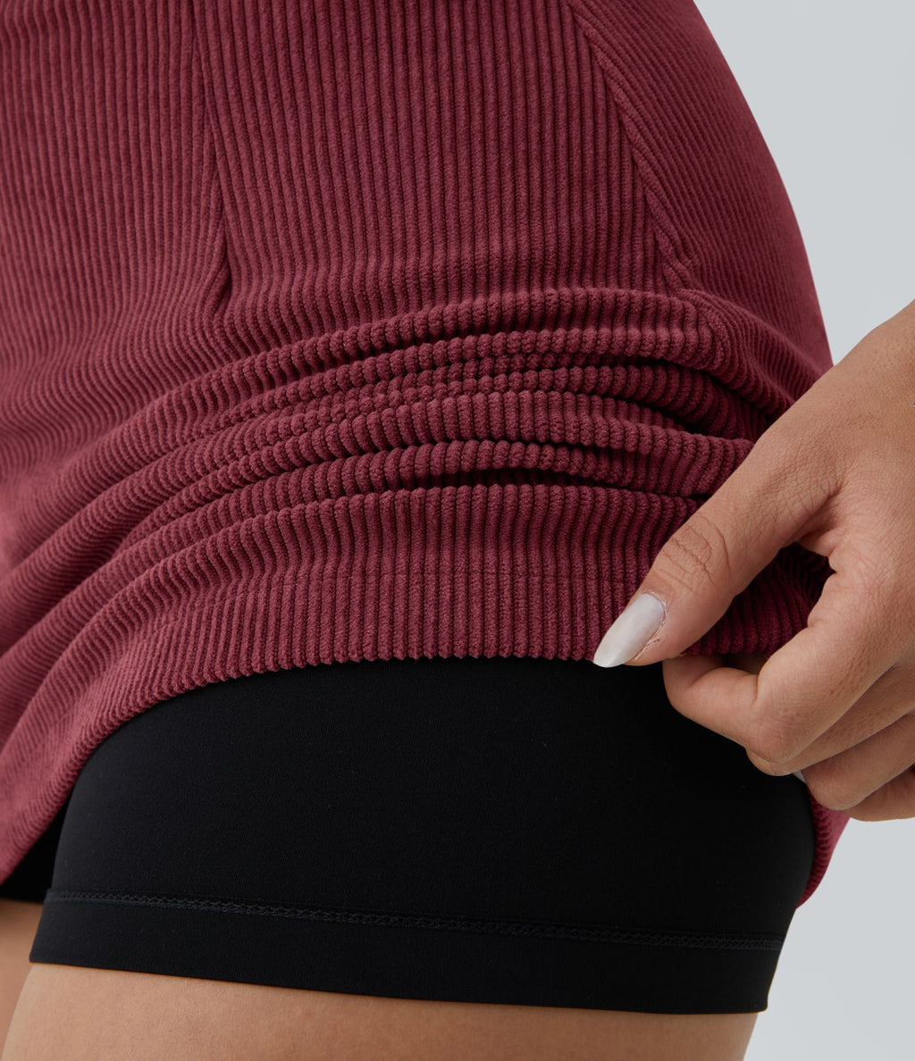 Mini-Jupe Casual en Velours Côtelé 2 en 1 Fermeture Éclair Invisible Taille Haute