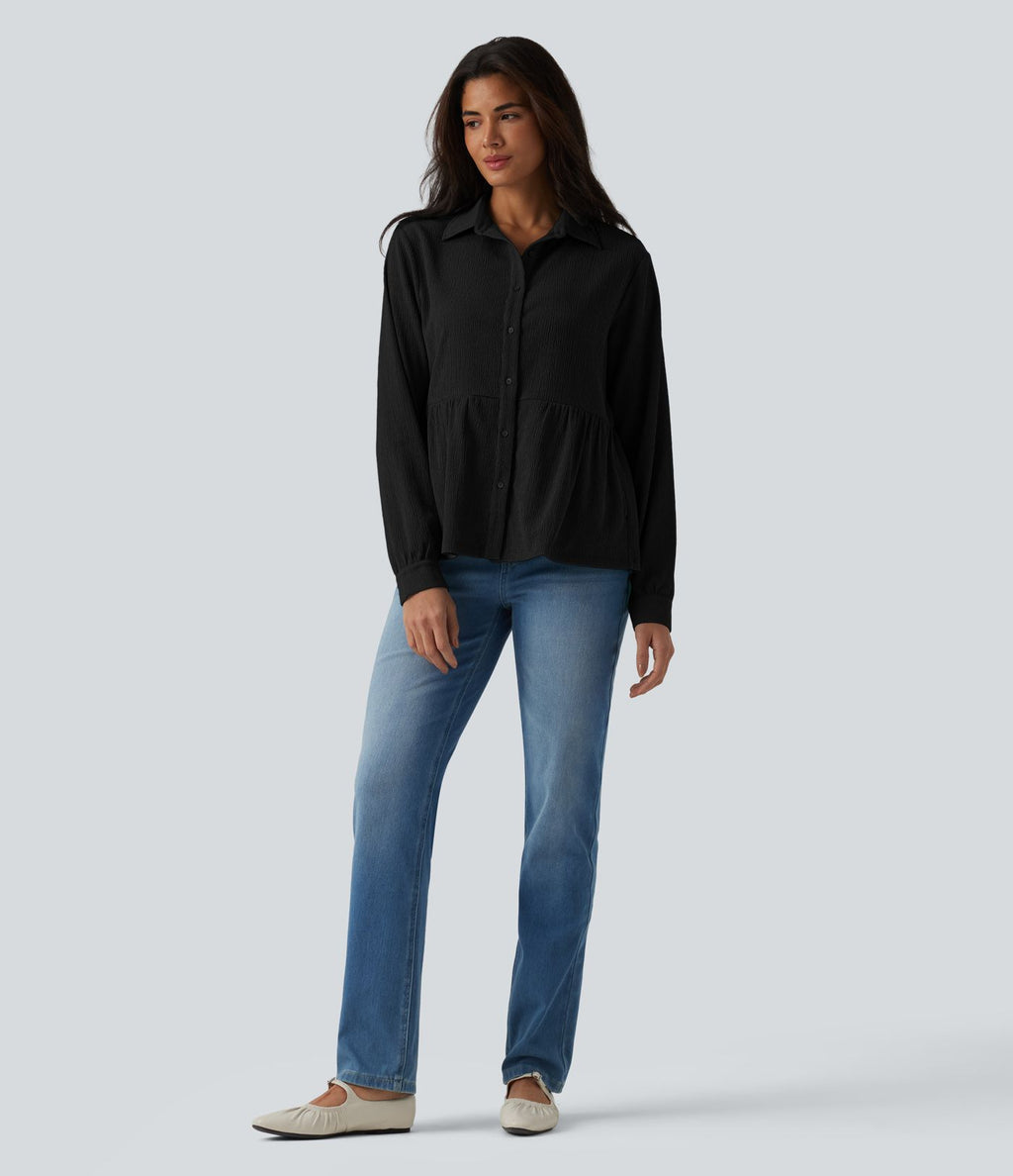 Chemise décontractée peplum à col manches longues avec ourlet à volants effet froissé et poches