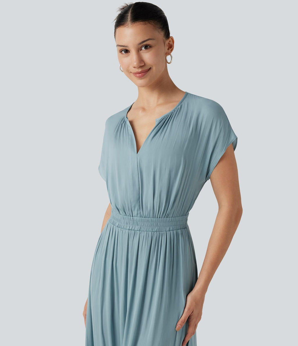 Robe midi décontractée fluide, col V, manches courtes