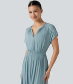 Robe midi décontractée fluide, col V, manches courtes