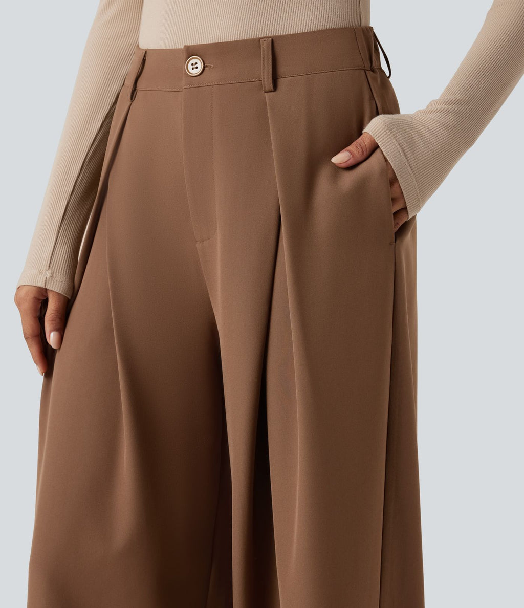 Pantalon tailleur large, taille haute, à poches