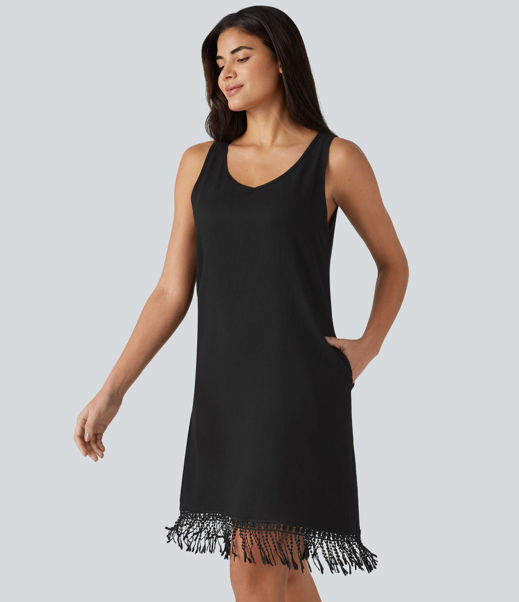 Robe mini sans manches col V avec ourlet à franges