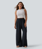 Pantalon casual ample lin taille haute à cordon de serrage avec poches