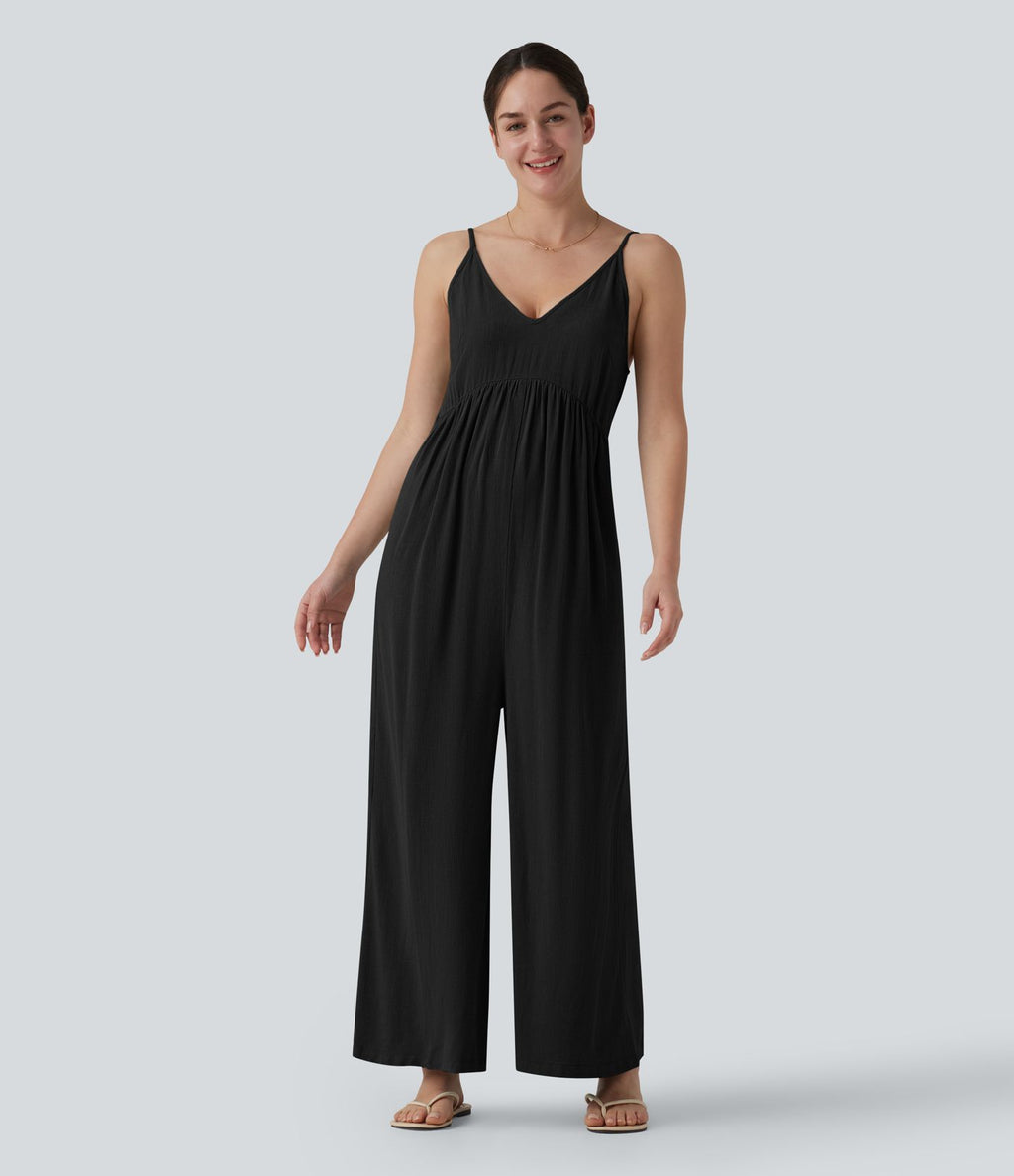 Combinaison casual large en lin sans manches, dos nu avec bretelles réglables et lien dans le dos