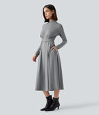 Robe de travail mi-longue col montant à manches longues avec poches