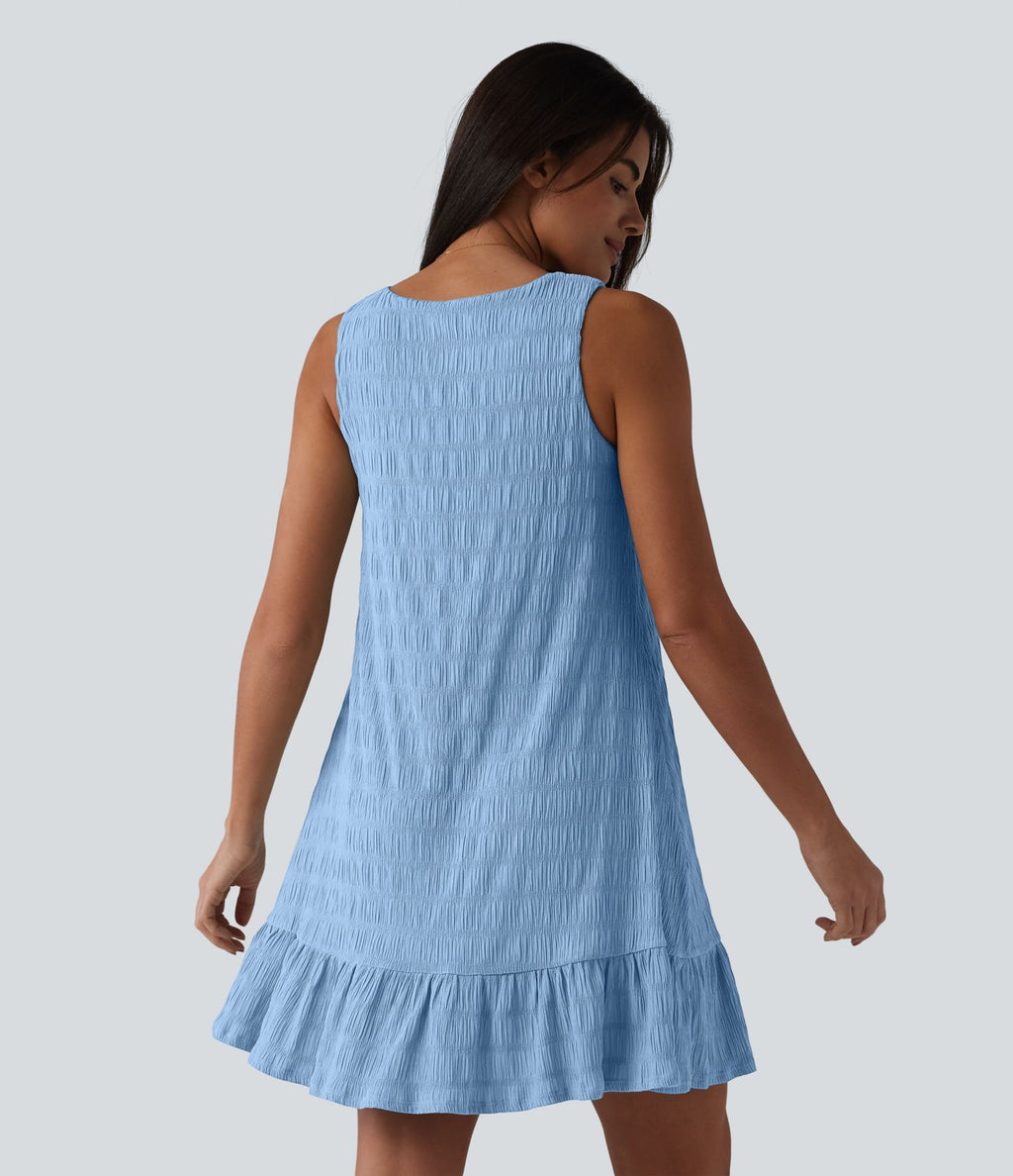 Robe courte décontractée sans manches à col rond, soutien-gorge intégré et ourlet à volants